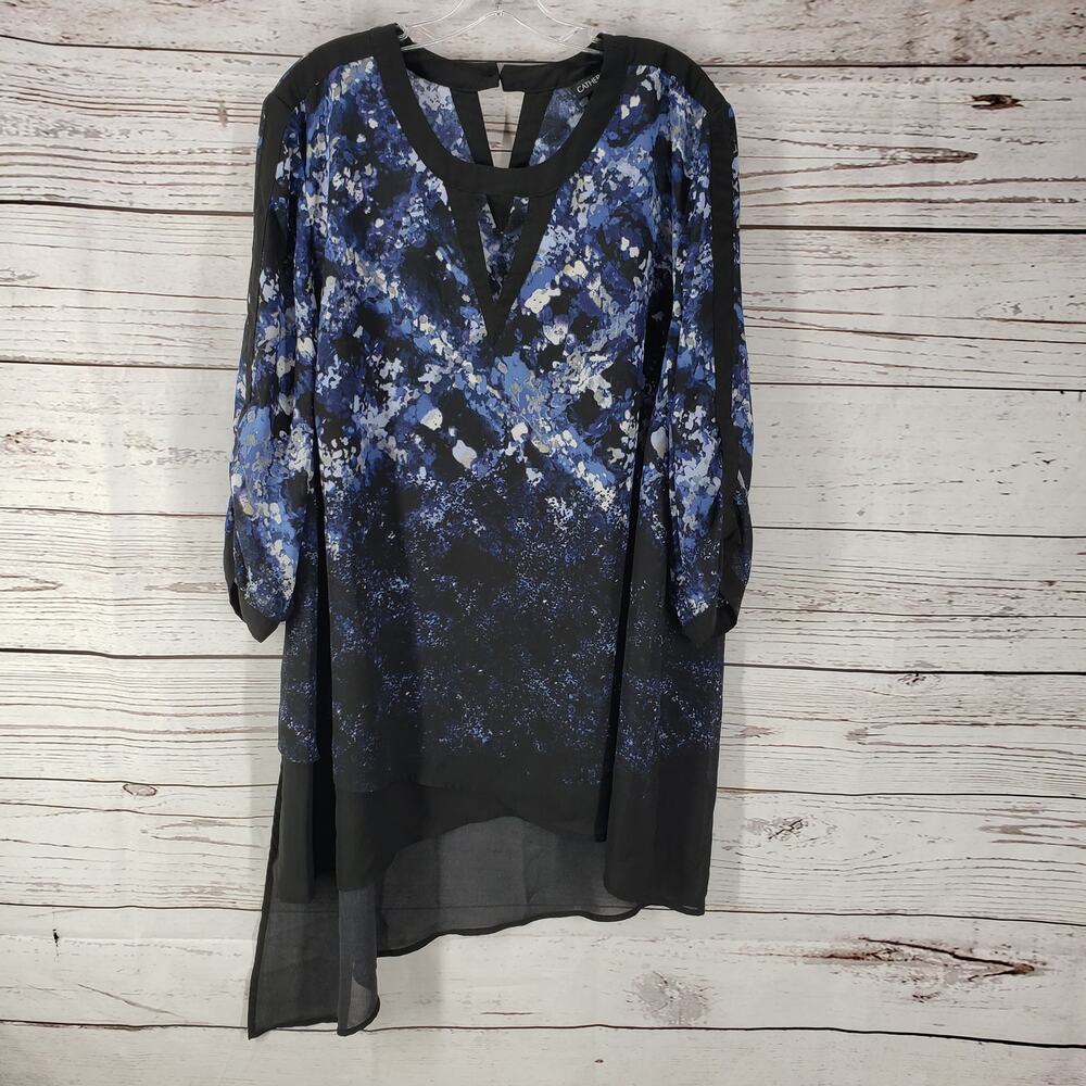 Catherines Womens Black & Blue Asymmetrical Light Sheer 3/4 Sleeve Top Size 1X